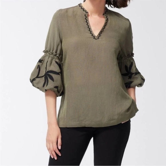 Chico’s size 2  Linen Blouse Boho puffy sleeves L 12 Women’s beaded Green boho - Picture 9 of 11